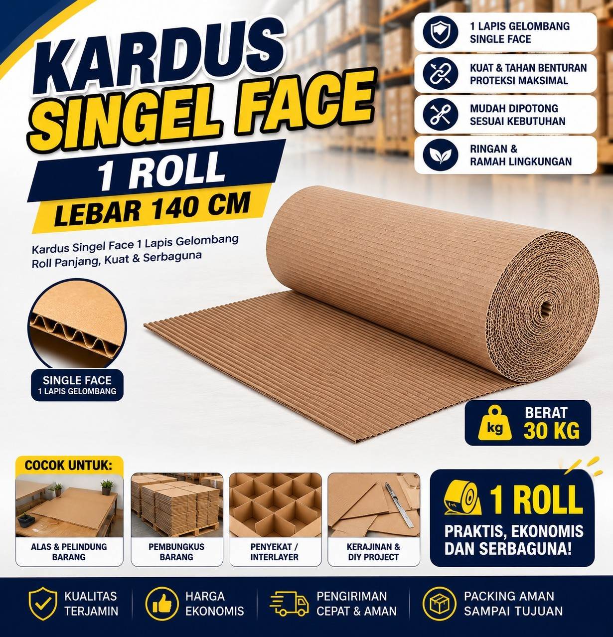 Kardus Dus Box Karton Lembaran Polos Single Face Corrugated  140 Cm 30 Kg