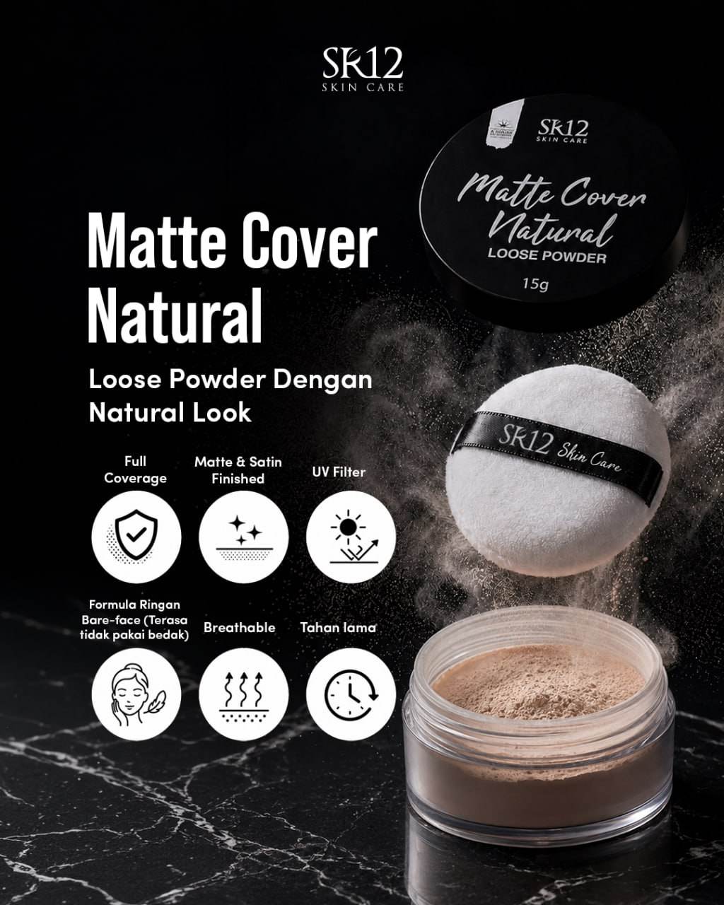 Bedak Daily Cover SR12 Padat (Natural Beige SheerPink) & Tabur Loose Powder Matte Cover Natural Tutupi Bekas Jerawat Flek Hitam