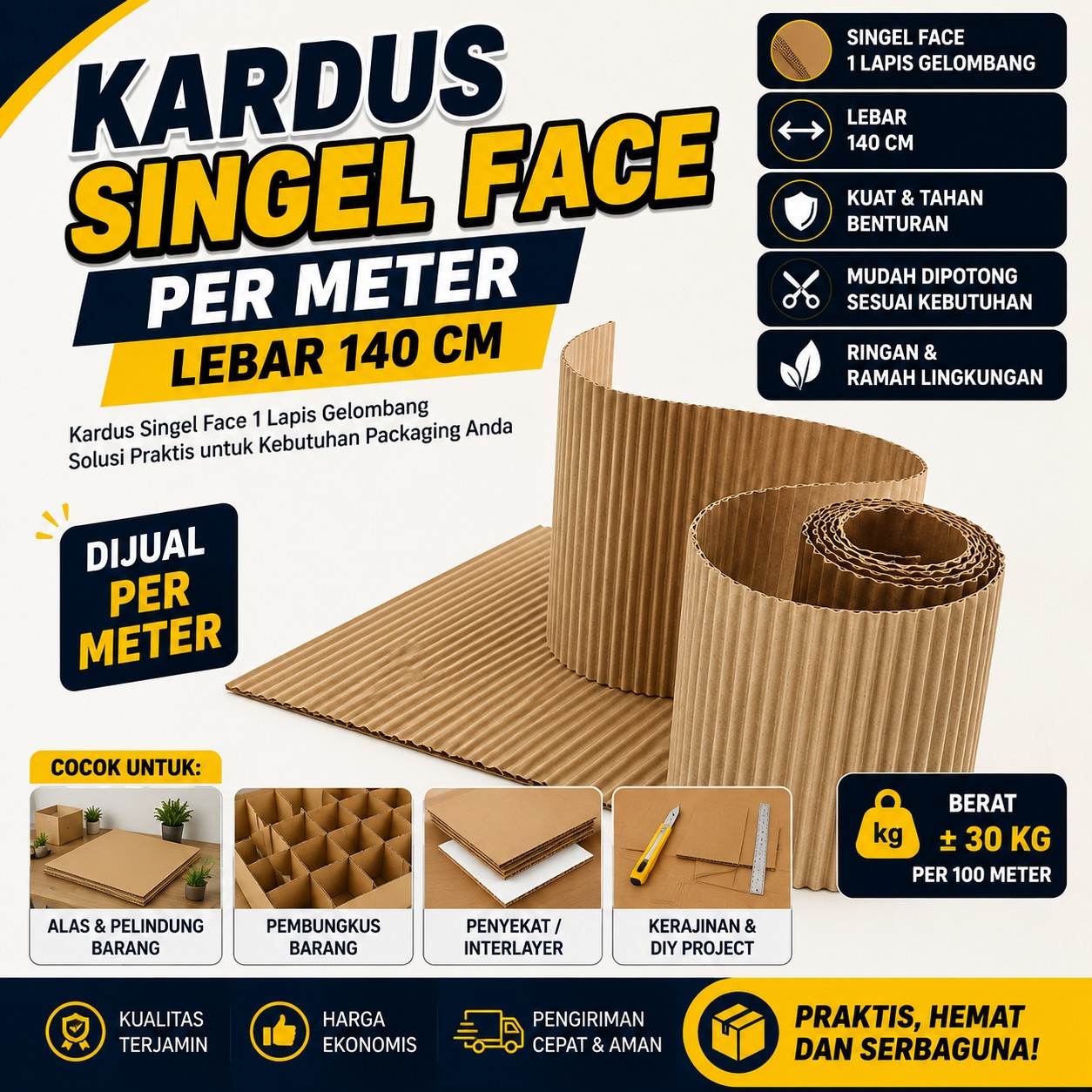Kardus Lembaran Polos Single Face Corrugated Gelombang Gulung Packing 140 CM per Meter